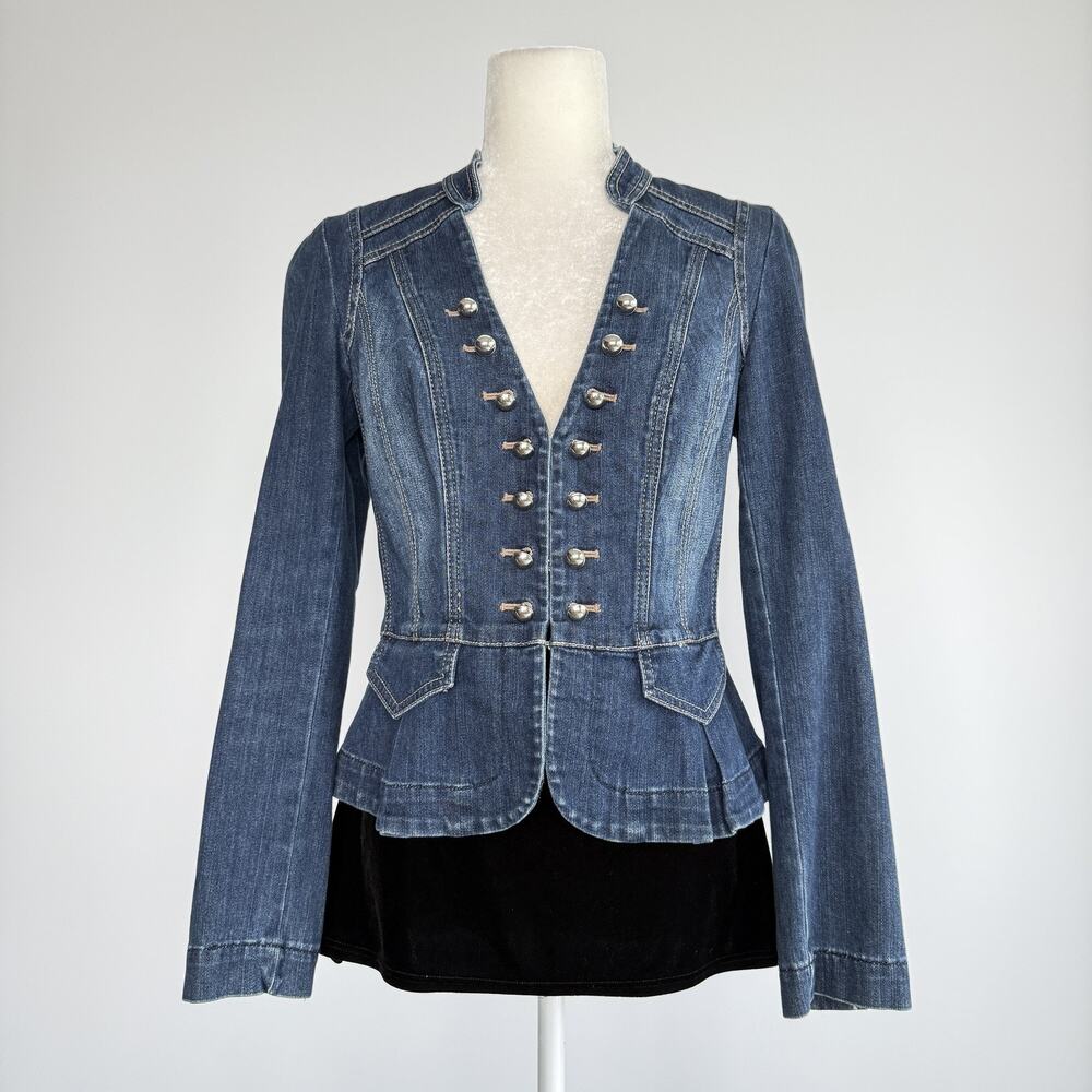 White House Black Market Denim Blazer Jacket Womens 6 Blue Military Button Front